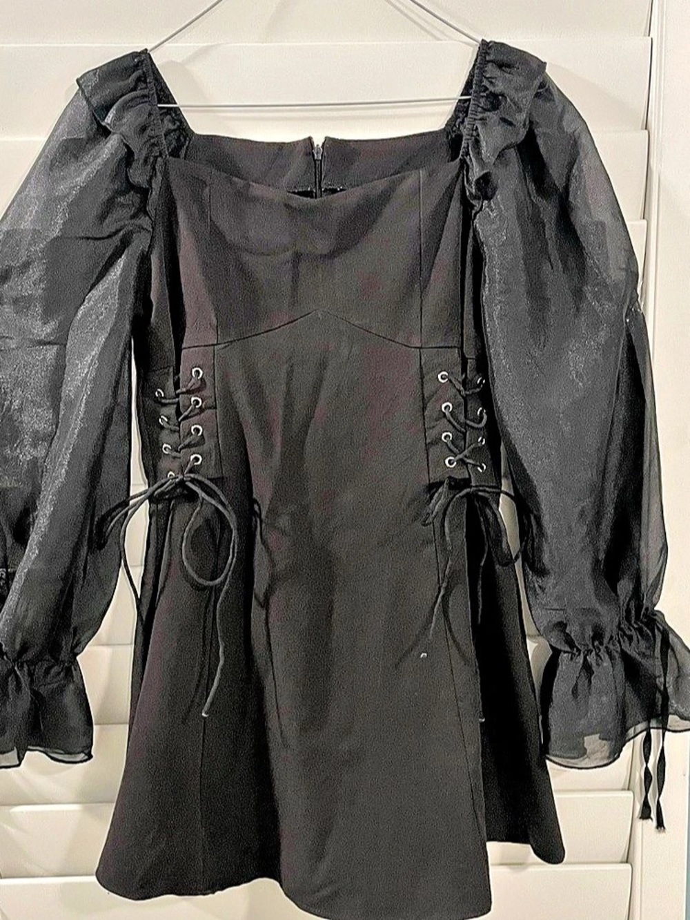 Gothic Lace Up Corset Mini Dress Sheer Puff Sleeve Black Large Whimsigoth